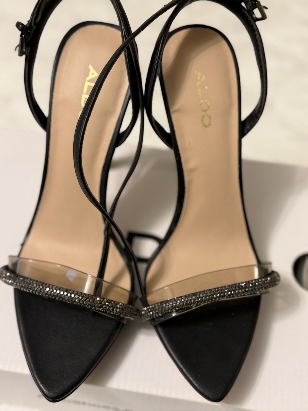 Aldo Black Pointed Toe Crystal-Trim Ankle Strap Heels